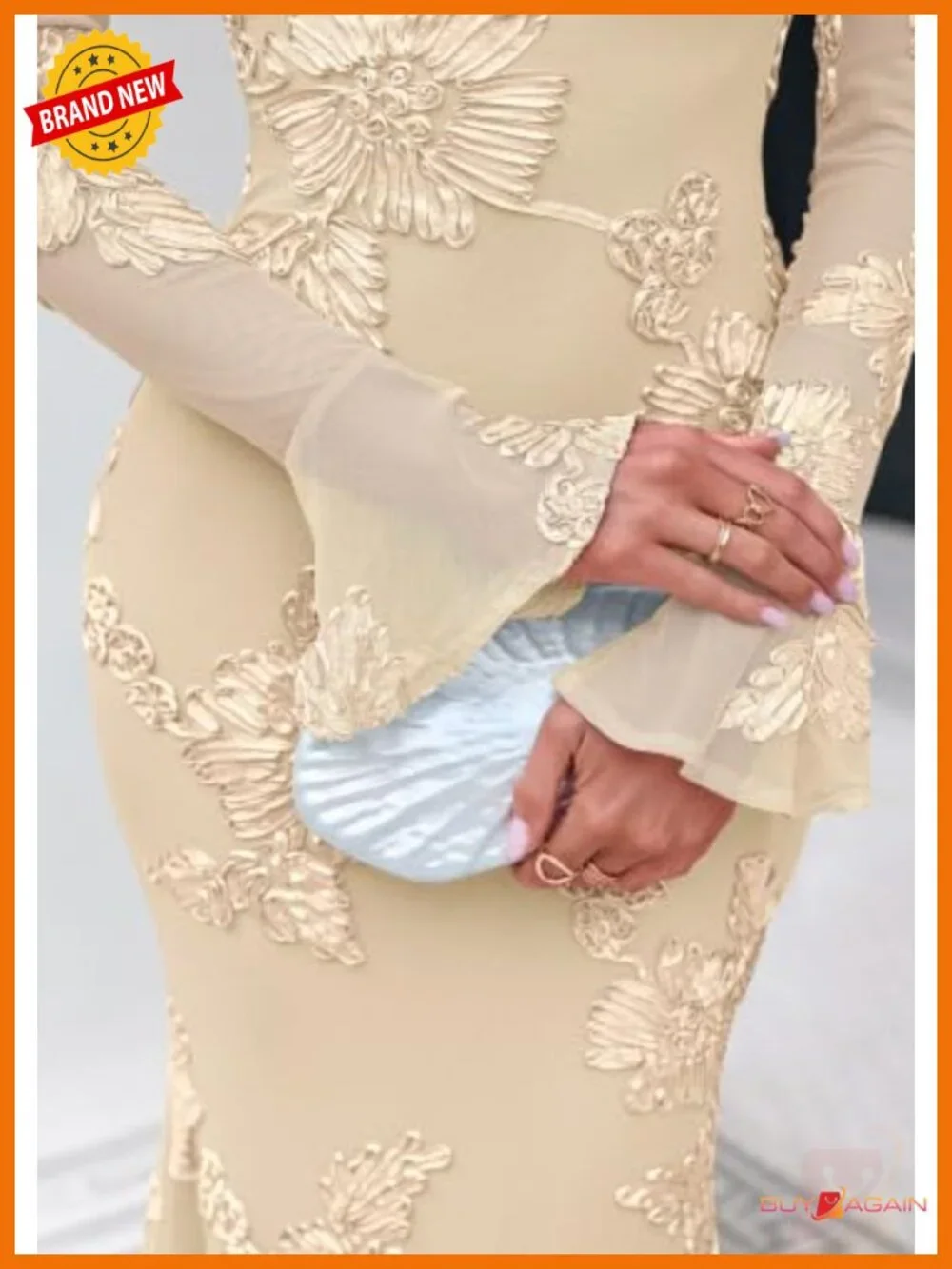 Women's Floral Mesh Maxi Bodycon Dress Bell Sleeve Party